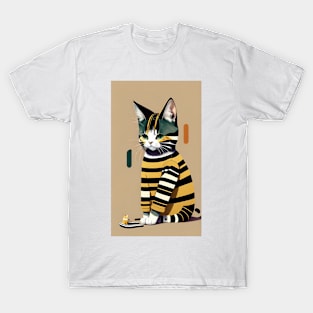 Striped Cat Swagger: Stylish Feline in Trendy Attire T-Shirt